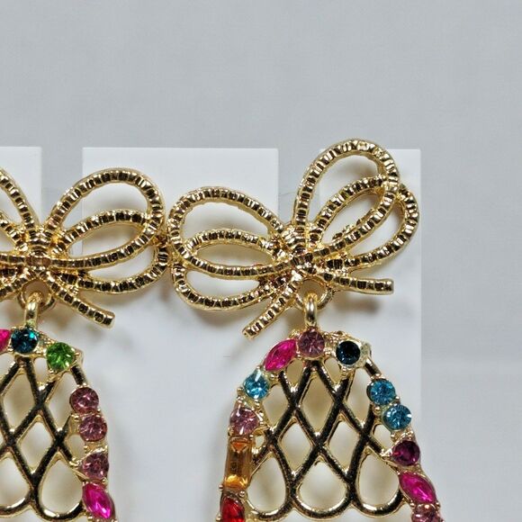 Isles & Stars Christmas Bell Drop Earrings Gold Tone Metal Plastic Rhinestones - Picture 11 of 16